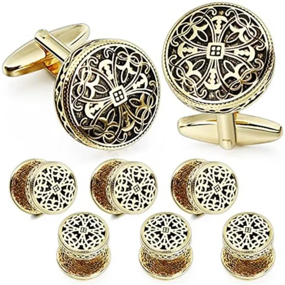 Men's Gold Cufflinks and Tuxedo Studs with Gift Box